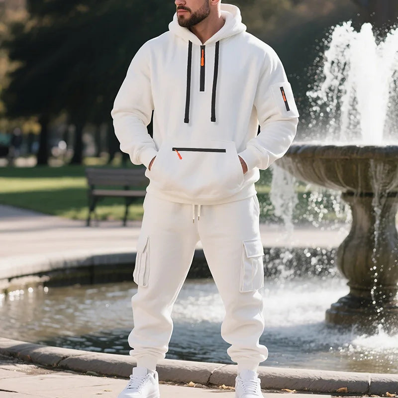 Herren-Sportanzug-Stil, Herbst- und Winter-Fleece, lässige Sportbekleidung für Herren, Reißverschlusspullover, Arbeitshosenanzug mit mehreren Taschen